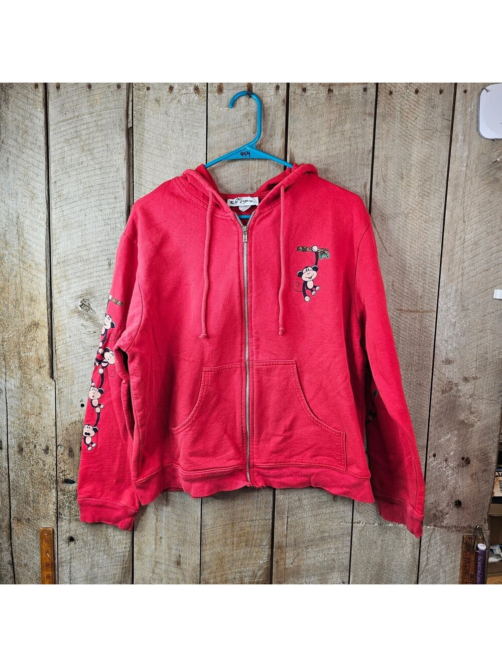 Y2k Self Esteem Women's Red Full Zip Hooded Sweatshirt Monkey Embroidery